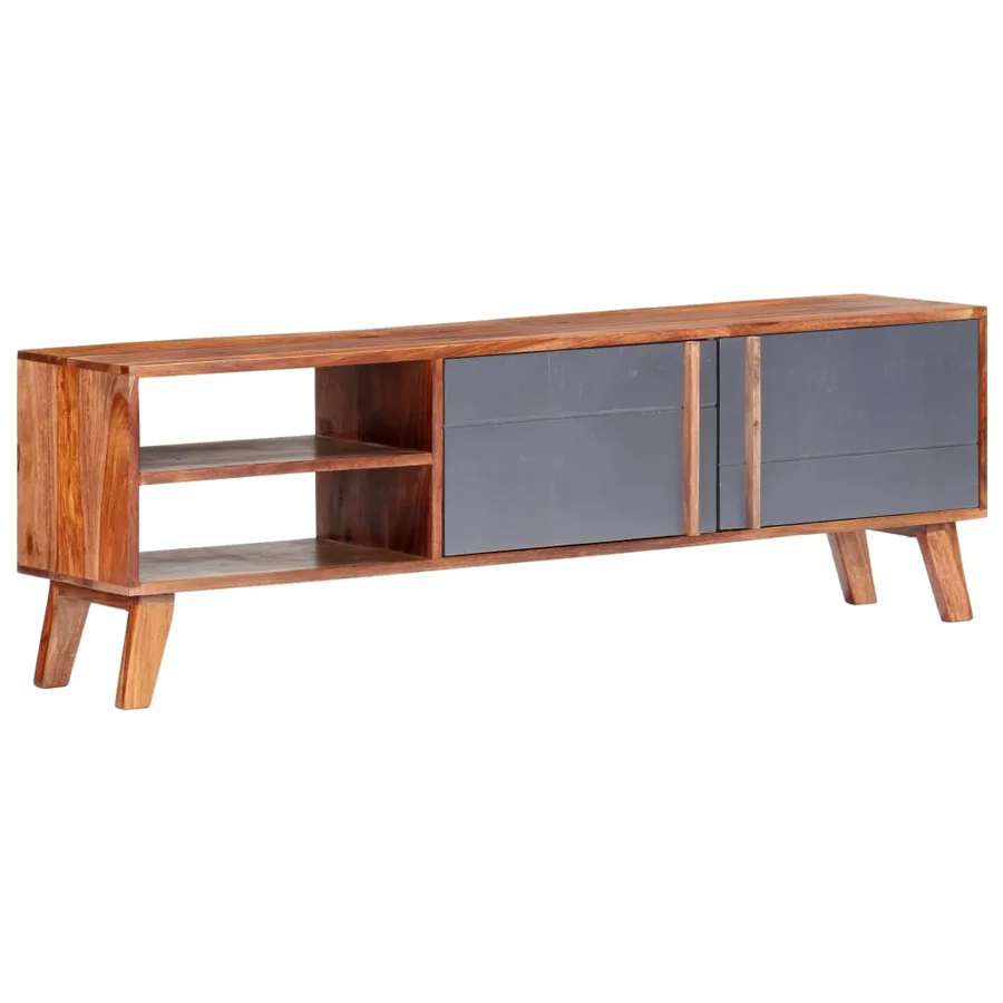 Meuble TV gris 140x30x45 cm bois solide - 12