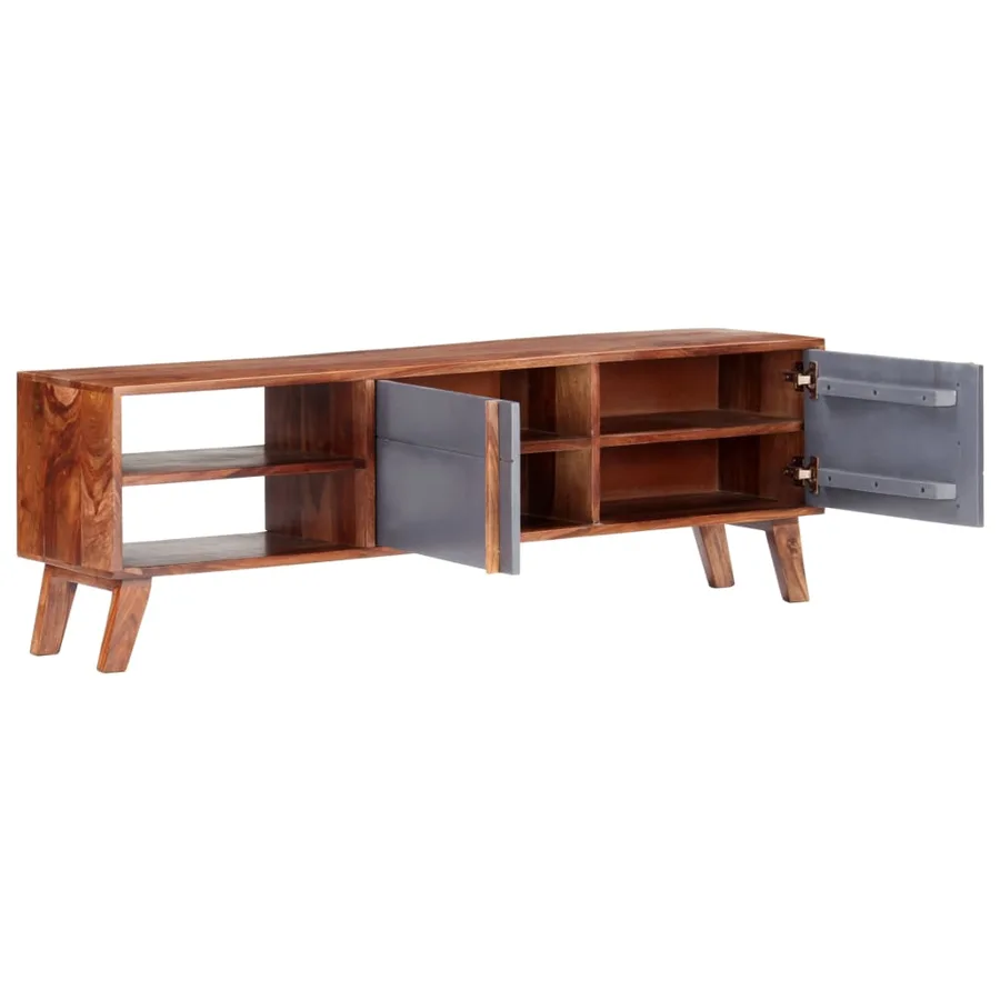 Meuble TV gris 140x30x45 cm bois solide - 2