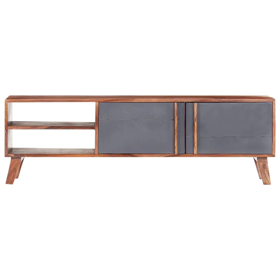 Meuble TV gris 140x30x45 cm bois solide - 3