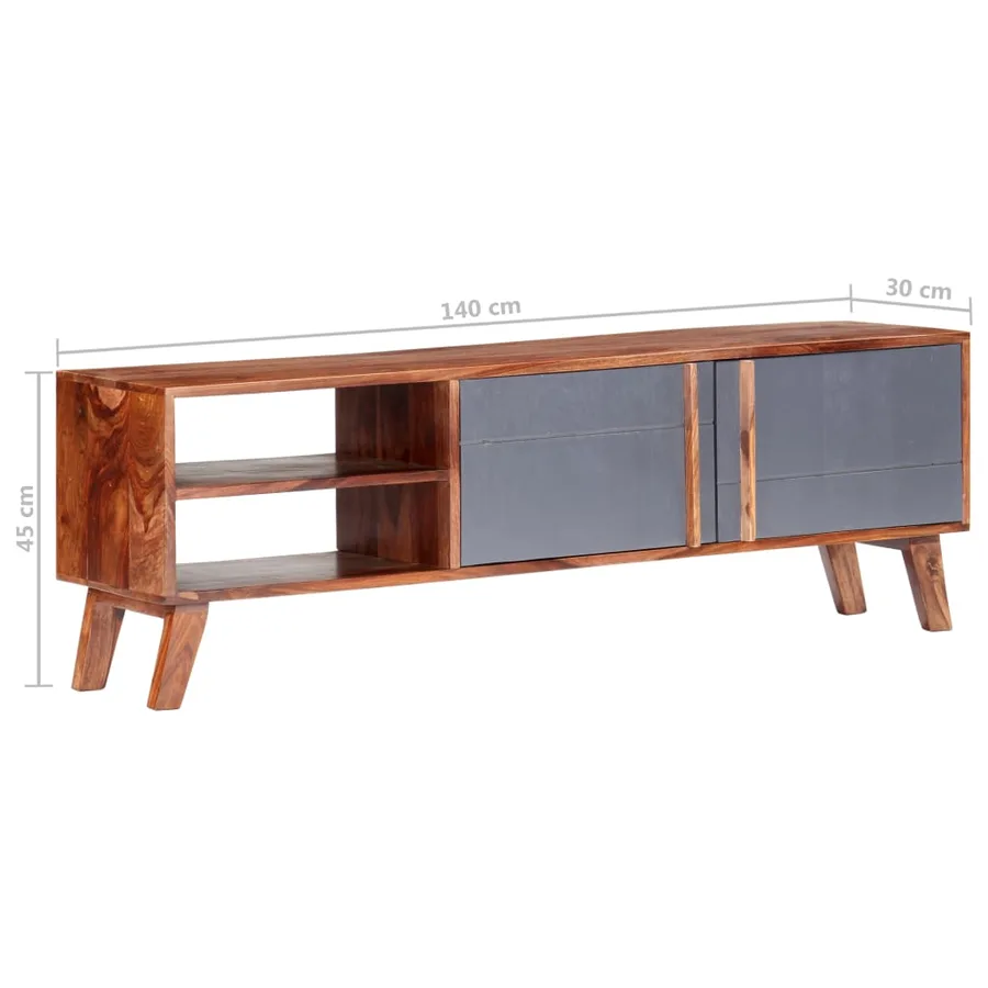 Meuble TV gris 140x30x45 cm bois solide - 7
