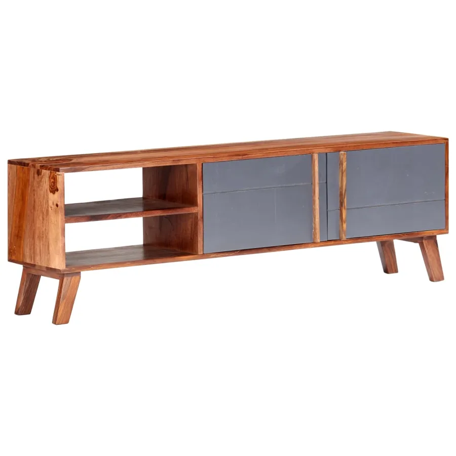Meuble TV gris 140x30x45 cm bois solide - 9