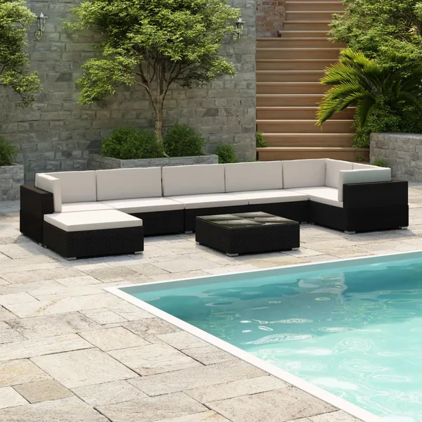Salon de jardin 8 pcs avec coussins résine tressée noir