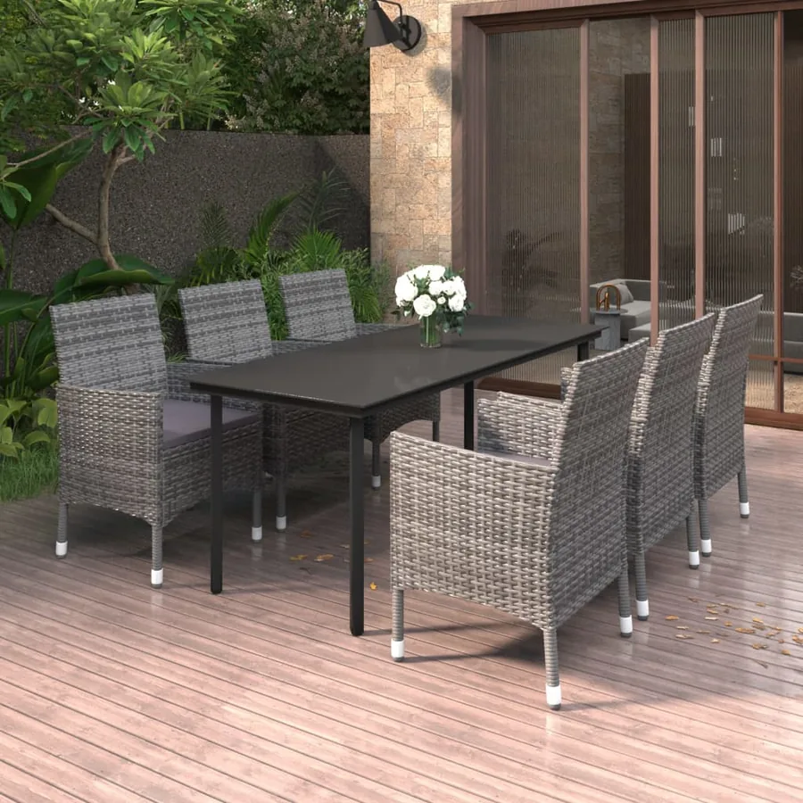 Ensemble à manger de jardin coussins 7 pcs Résine tressée Verre