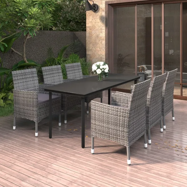 Ensemble à manger de jardin coussins 7 pcs Résine tressée Verre
