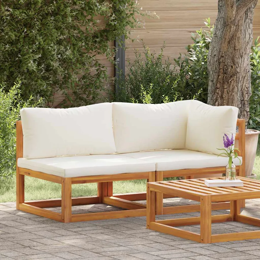 Ensemble de canapés 2 pcs et coussins blanc crème Acacia solide - 3