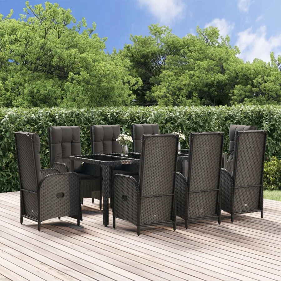 Ensemble à manger jardin 9pcs et coussins noir résine tressée