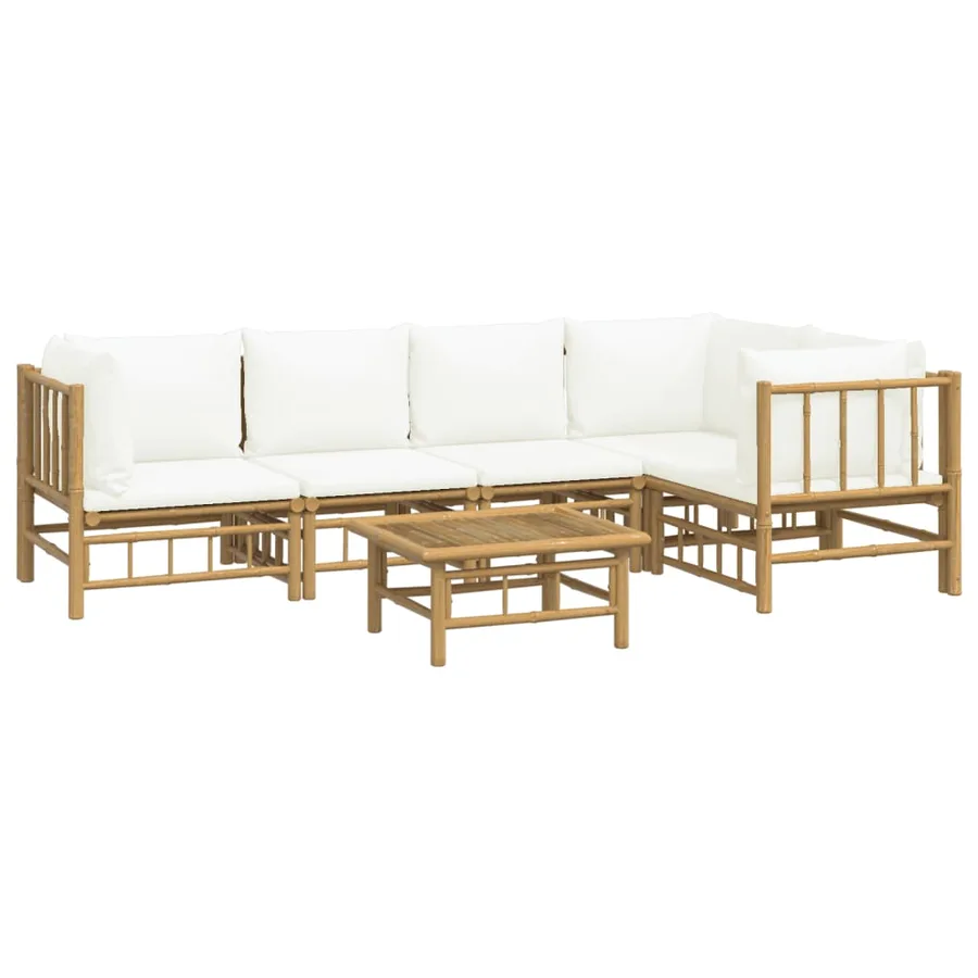 Salon de jardin 6 pcs avec coussins blanc crème bambou - 3