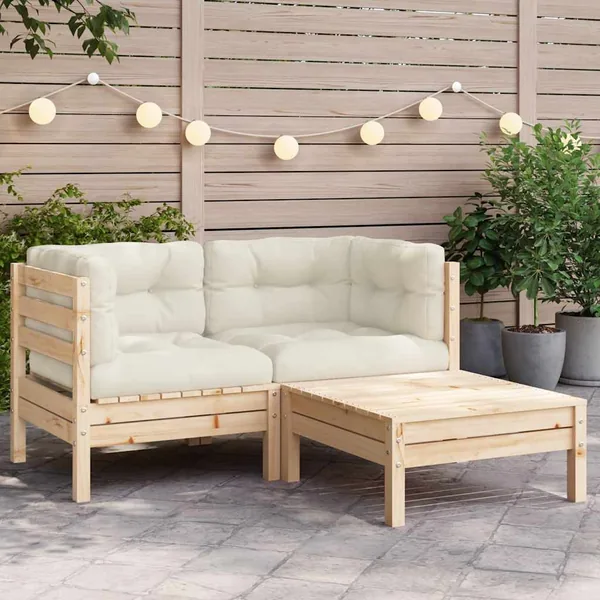 Salon de jardin 3 pcs avec coussins crème Bois de pin massif
