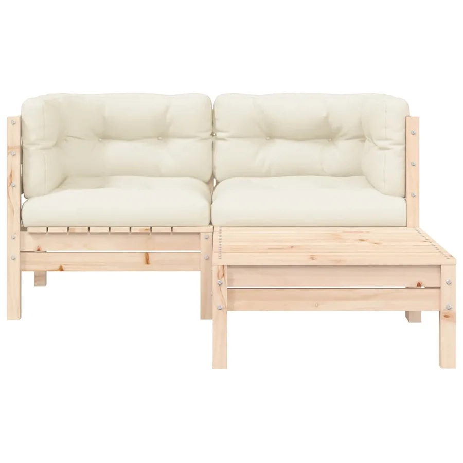 Salon de jardin 3 pcs avec coussins crème Bois de pin massif - 5