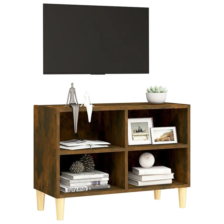 Meuble TV avec pieds en bois massif Chêne fumé 69,5x30x50 cm - 5