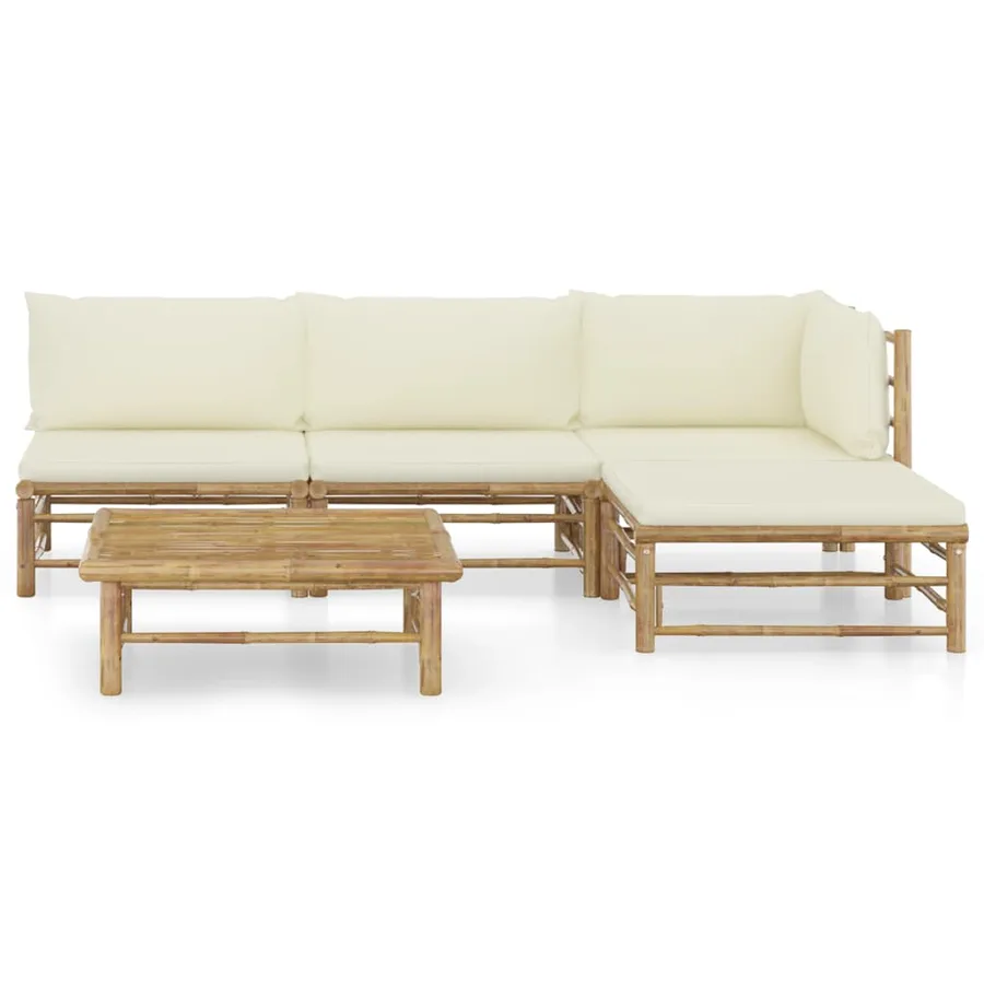 Salon de jardin 5 pcs avec coussins blanc crème bambou - 2
