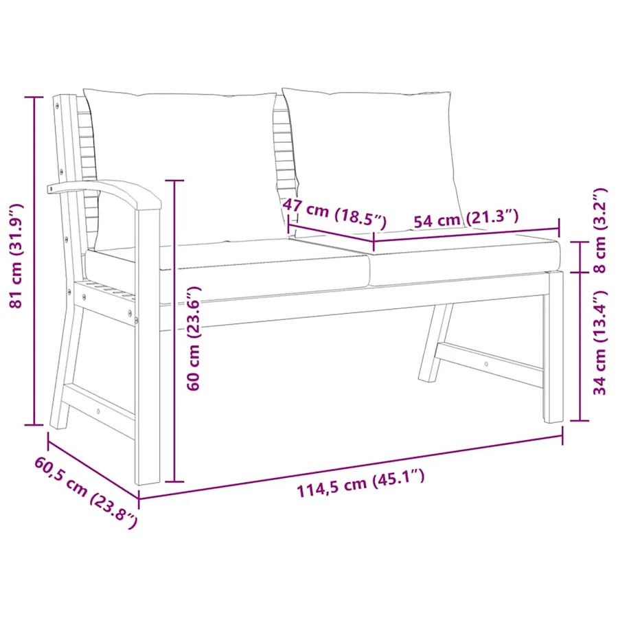 Banc de jardin 114,5 cm avec coussin crème Bois solide d'acacia - 7