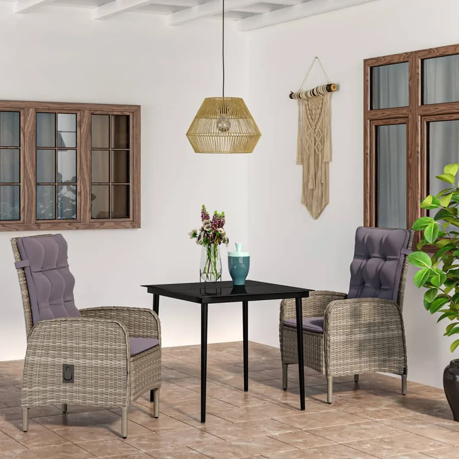 Ensemble à manger de jardin et coussins 3 pcs Gris et noir