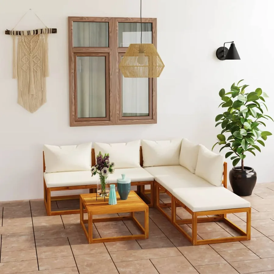 Salon de jardin 6 pcs avec coussin Crème Bois d'acacia solide