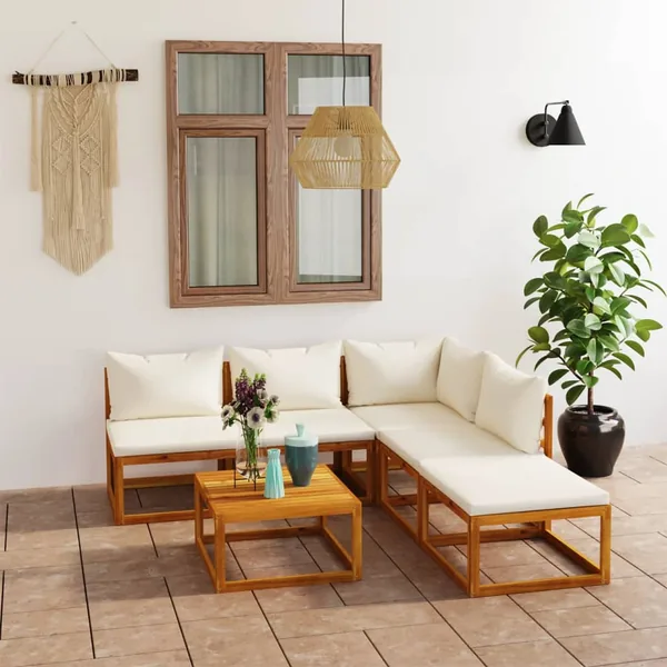 Salon de jardin 6 pcs avec coussin Crème Bois d'acacia solide