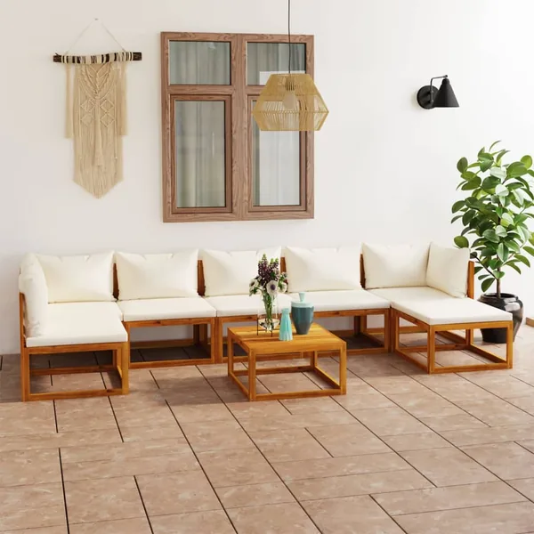 Salon de jardin 8 pcs avec coussin Crème Bois d'acacia solide