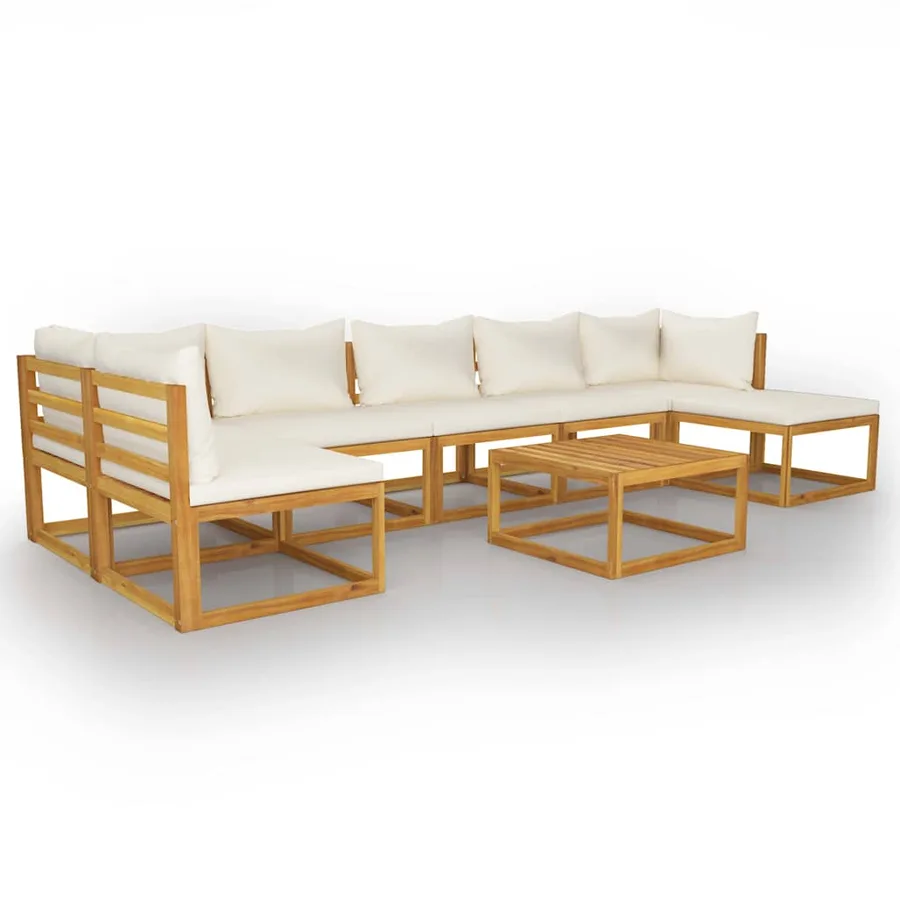 Salon de jardin 8 pcs avec coussin Crème Bois d'acacia solide - 2
