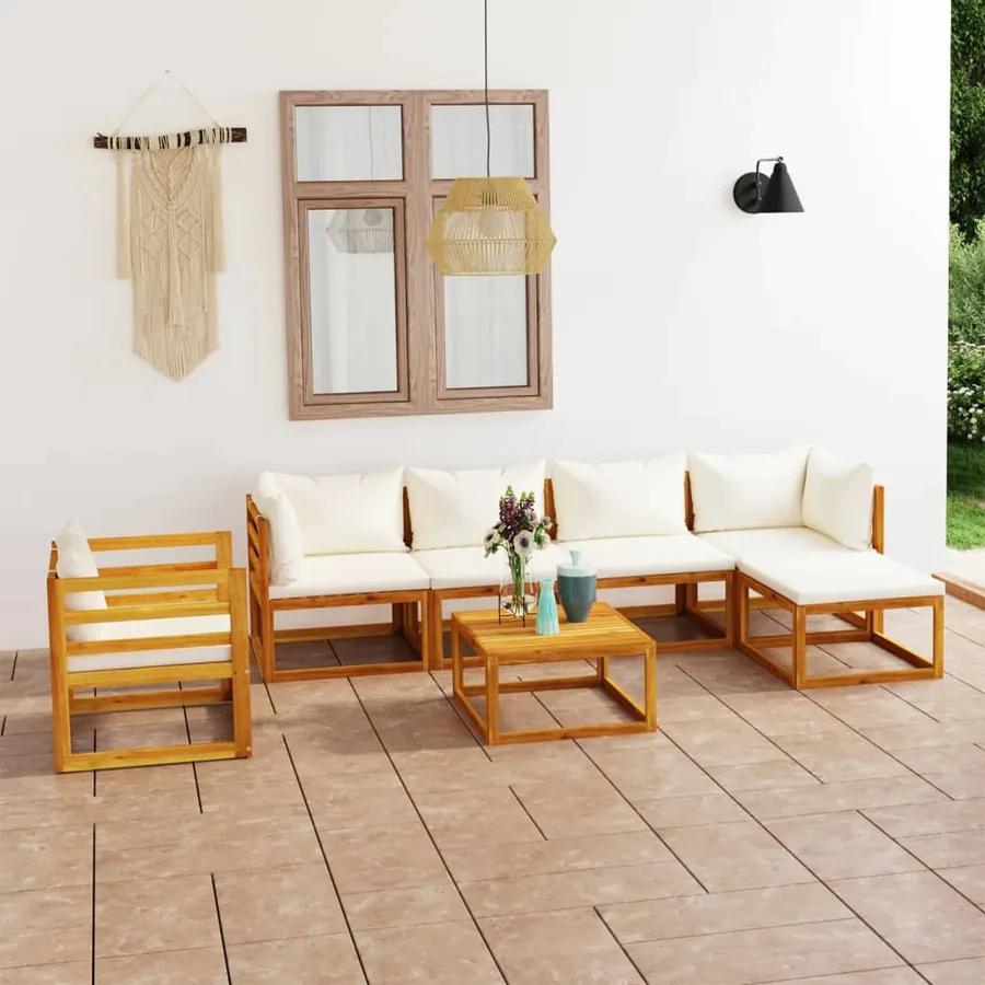 Salon de jardin 7 pcs avec coussin Crème Bois d'acacia solide