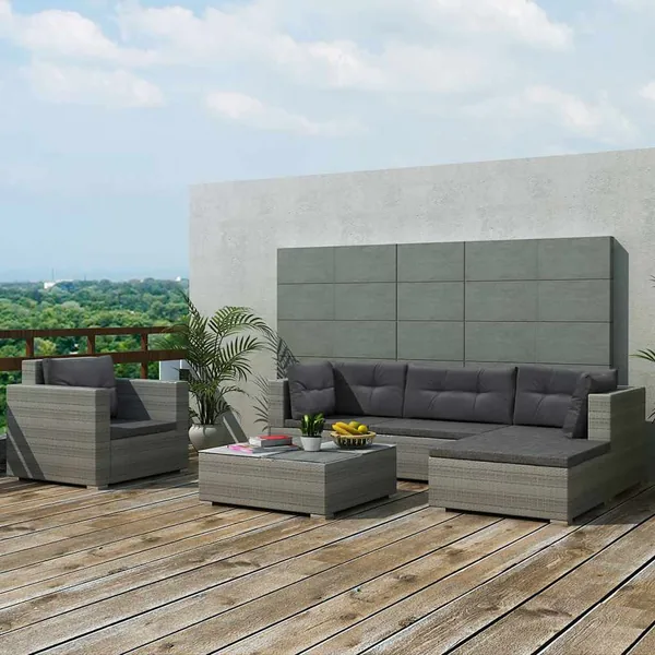 Salon de jardin 6 pcs avec coussins résine tressée gris