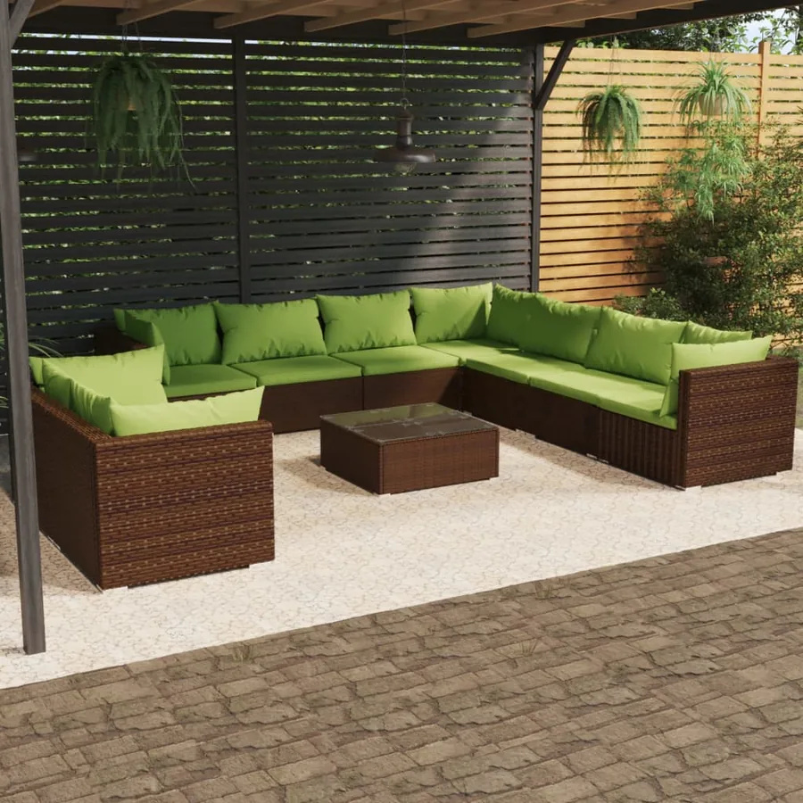 Salon de jardin 10 pcs avec coussins marron résine tressée