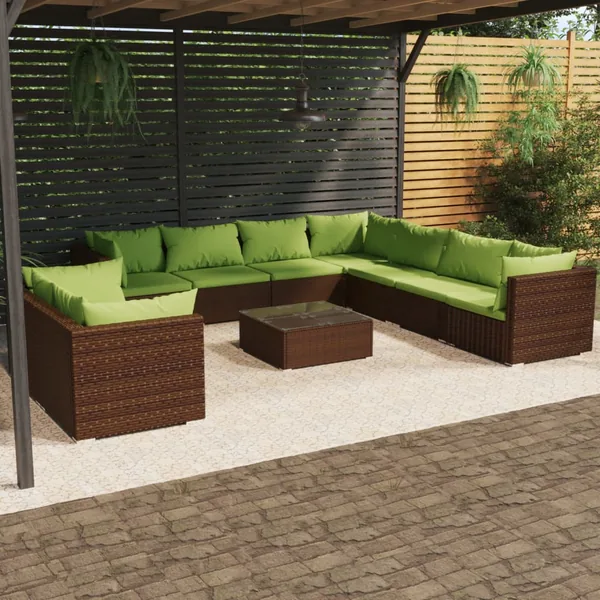 Salon de jardin 10 pcs avec coussins marron résine tressée