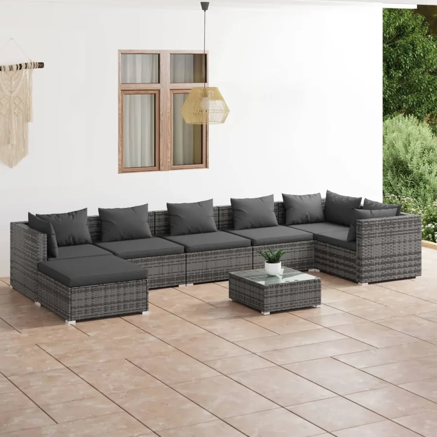 Salon de jardin 8 pcs avec coussins Résine tressée Gris