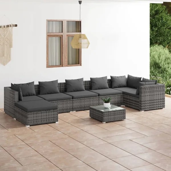Salon de jardin 8 pcs avec coussins Résine tressée Gris