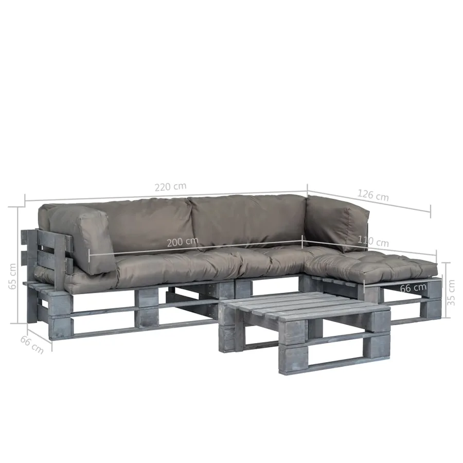 Salon palette de jardin 4 pcs avec coussins gris bois - 5