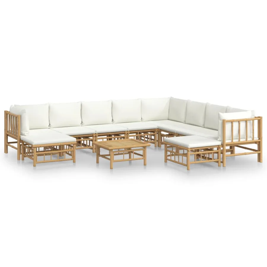 Salon de jardin 11 pcs avec coussins blanc crème bambou - 2