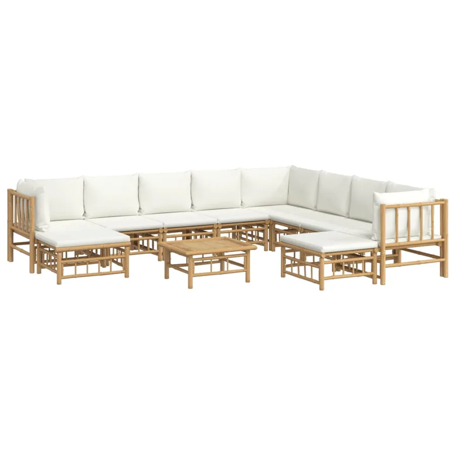 Salon de jardin 11 pcs avec coussins blanc crème bambou - 3