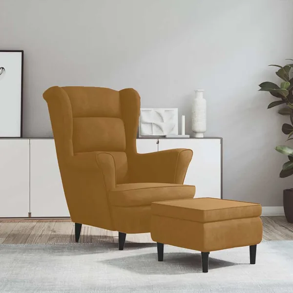 Fauteuil à oreilles avec tabouret marron velours