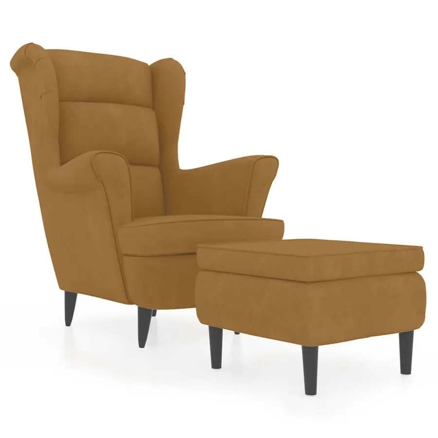 Fauteuil à oreilles avec tabouret marron velours - 2