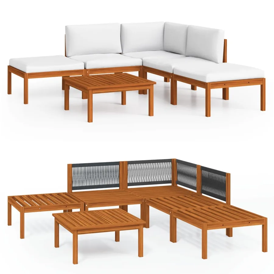 Salon de jardin 6 pièces avec coussins, bois d'acacia crème et corde - 2