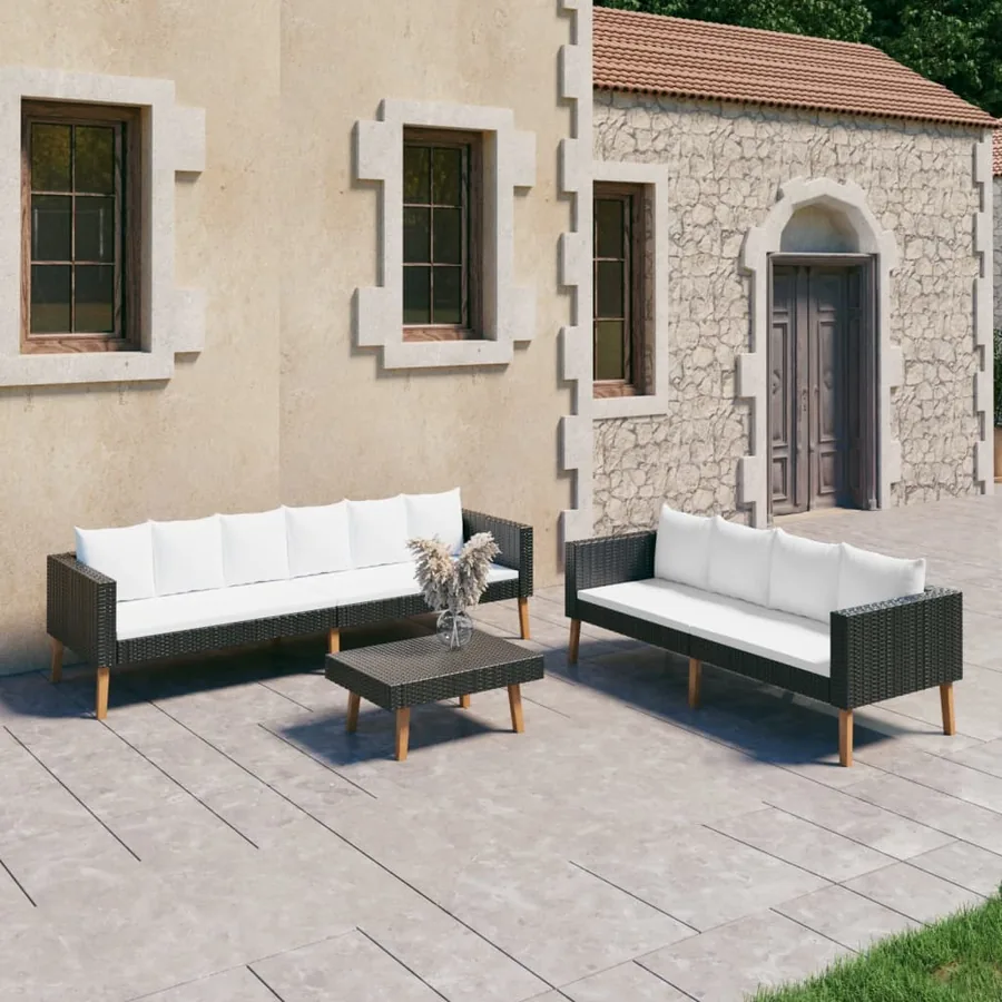 Salon de jardin 3 pcs avec coussins Résine tressée Noir