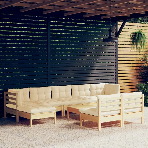 Salon de jardin 10 pcs avec coussins crème Bois de pin