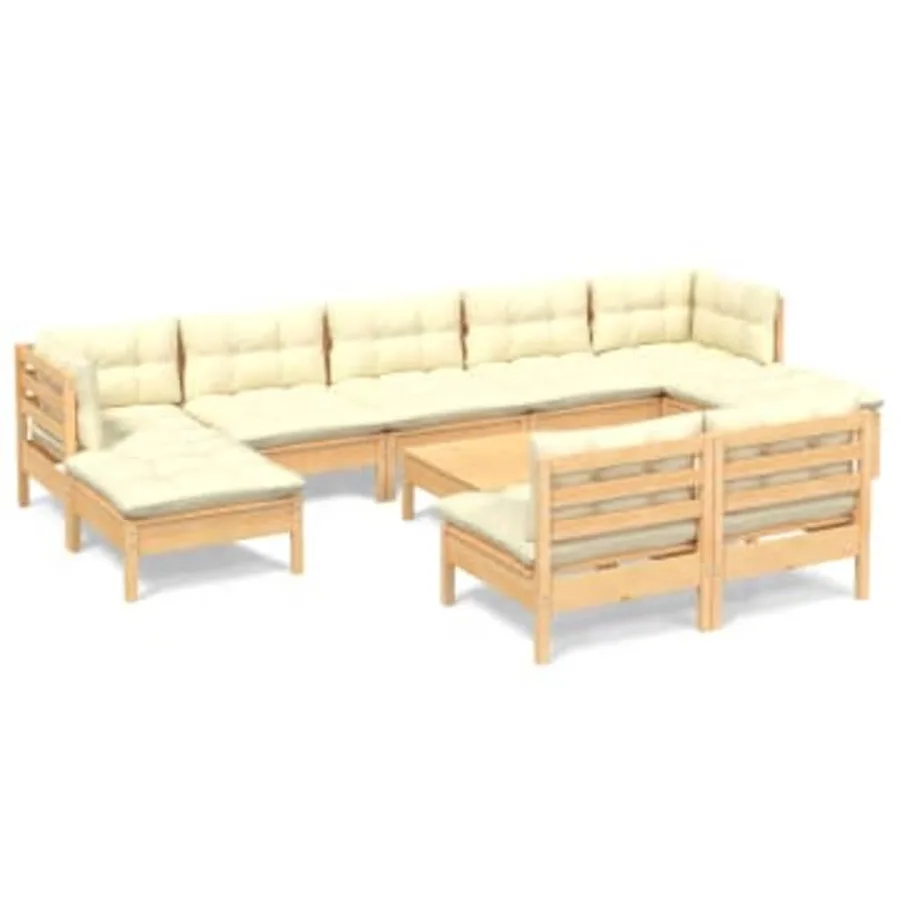 Salon de jardin 10 pcs avec coussins crème Bois de pin - 2