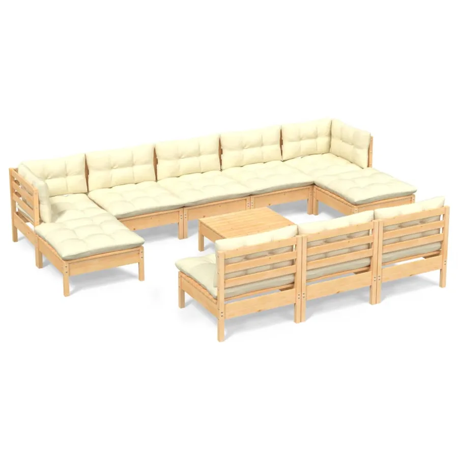 Salon de jardin 11 pcs avec coussins crème bois de pin - 2