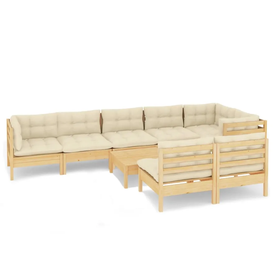 Salon de jardin 9 pcs avec coussins crème bois de pin massif - 2