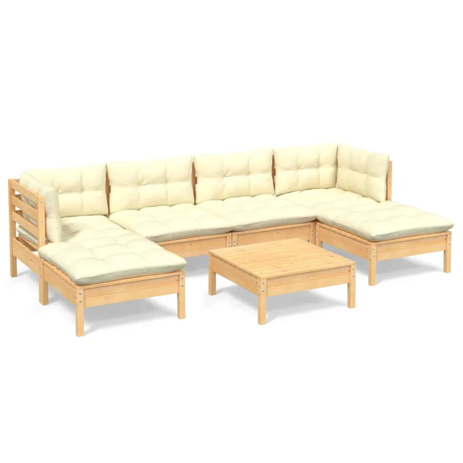 Salon de jardin 7 pcs avec coussins crème bois de pin - 2