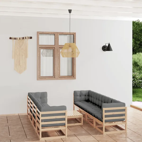 Salon de jardin 9 pcs avec coussins Bois de pin massif