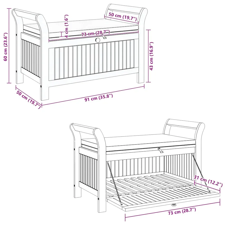 Banc de rangement de jardin avec coussin 91 cm Bois d'acacia - 13