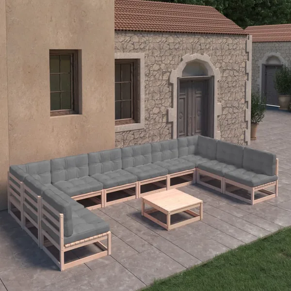 Salon de jardin 11 pcs avec coussins Bois de pin massif