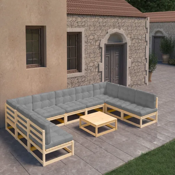 Salon de jardin 10 pcs avec coussins Bois de pin massif
