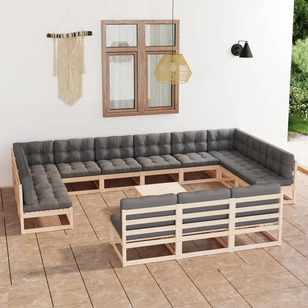 Salon de jardin 14 pcs avec coussins Bois de pin massif