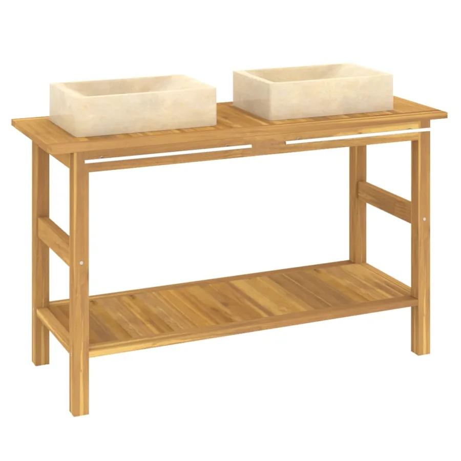 Armoire de salle de bain et lavabos en marbre crème Teck massif - 3