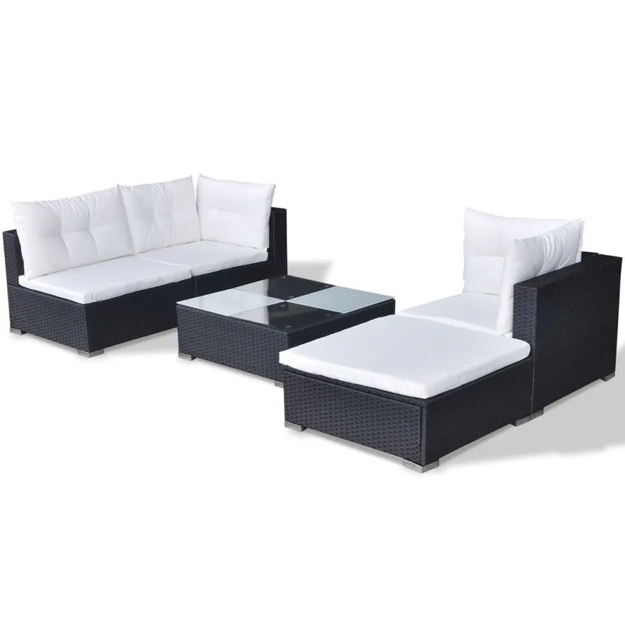 Salon de jardin 5 pcs avec coussins résine tressée noir - 6