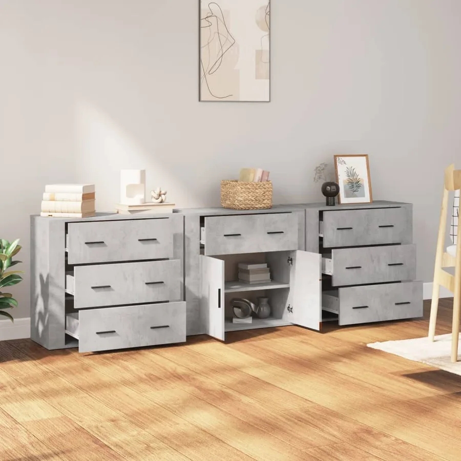 Buffets 3 pcs gris béton bois d'ingénierie - 3