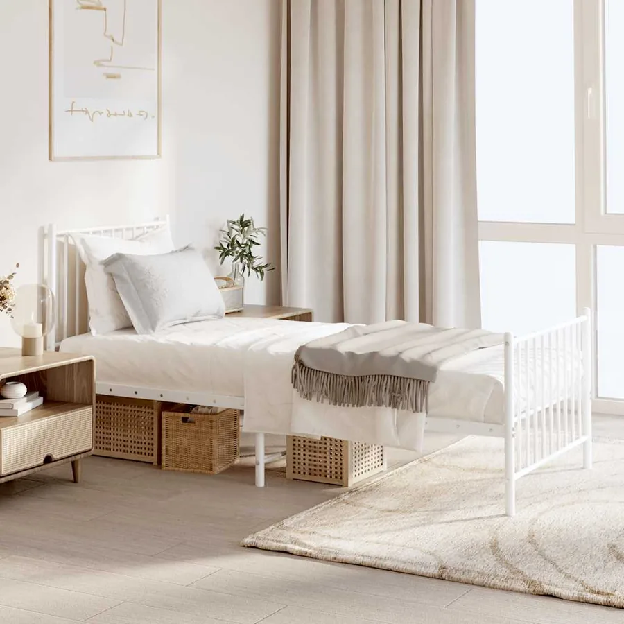 Cadre de lit métal sans matelas avec pied de lit blanc 80x200cm