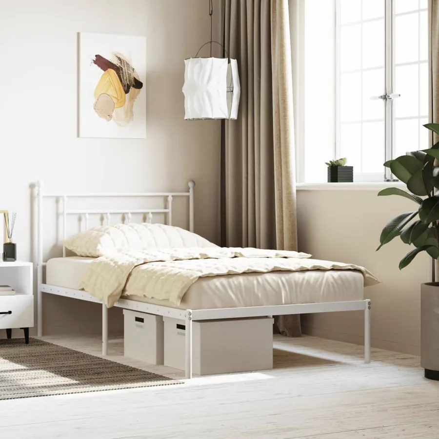Cadre de lit métal sans matelas et tête de lit blanc 107x203 cm