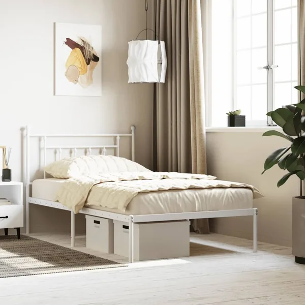 Cadre de lit métal sans matelas et tête de lit blanc 107x203 cm